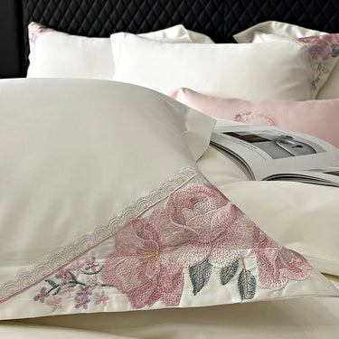 Elegant French Pink Flowers Egyptian Cotton 1000TC Embroidery Luxury Bedding Set